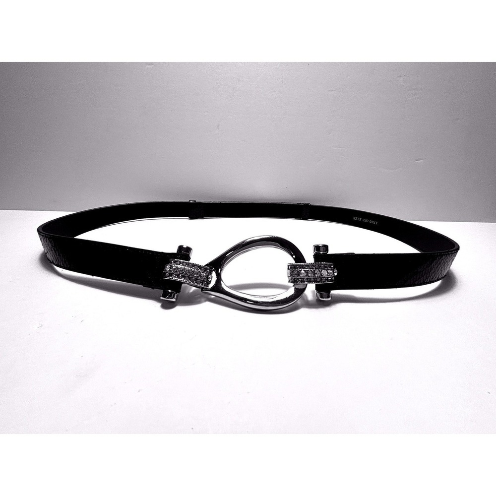 Women's Black Skinny Belt Silver Teardrop Rhinestone Interlocking Hook Buckle